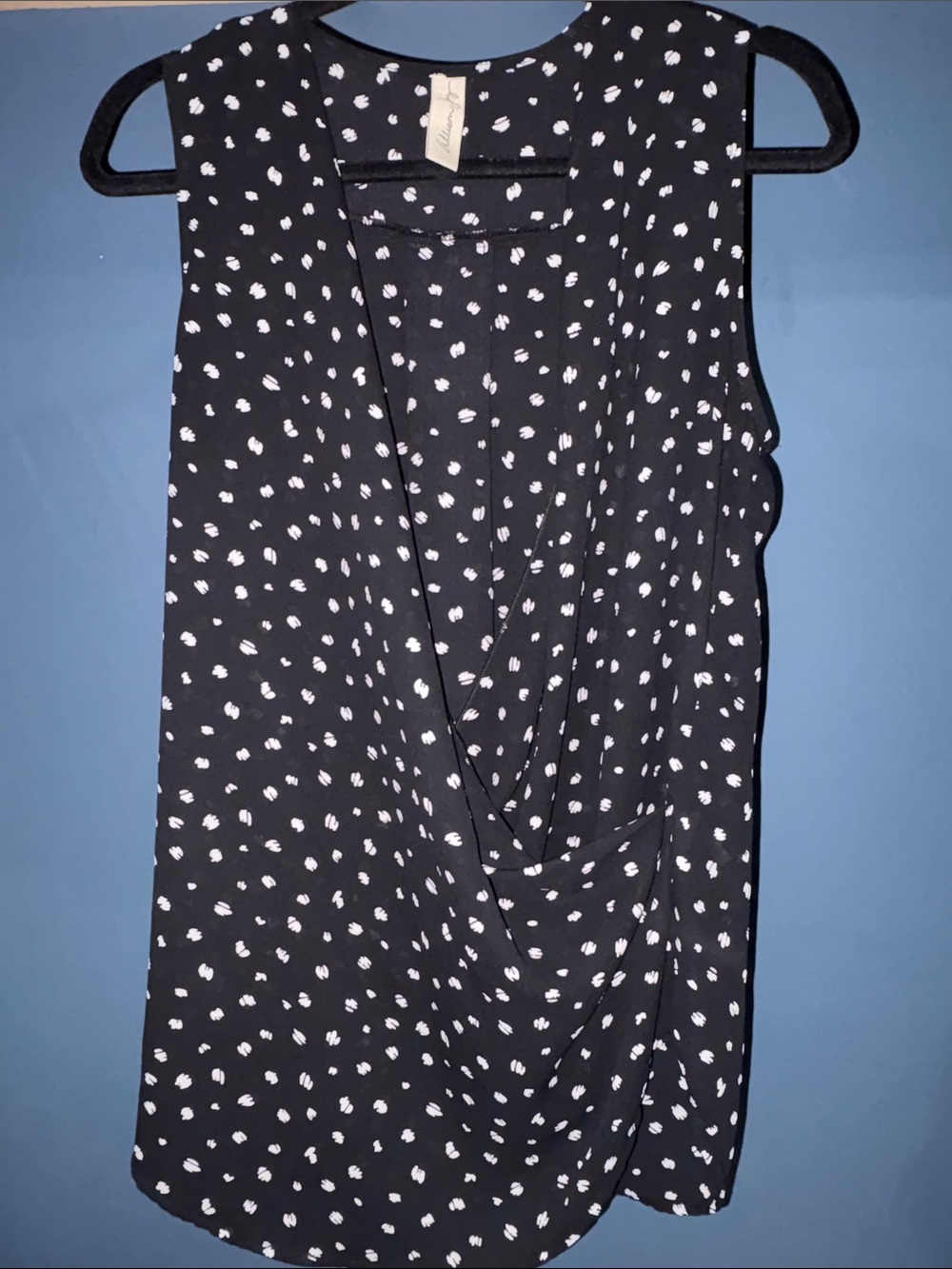 Allison Joy Black Sleeveless Drape Front Top with White Dot Print